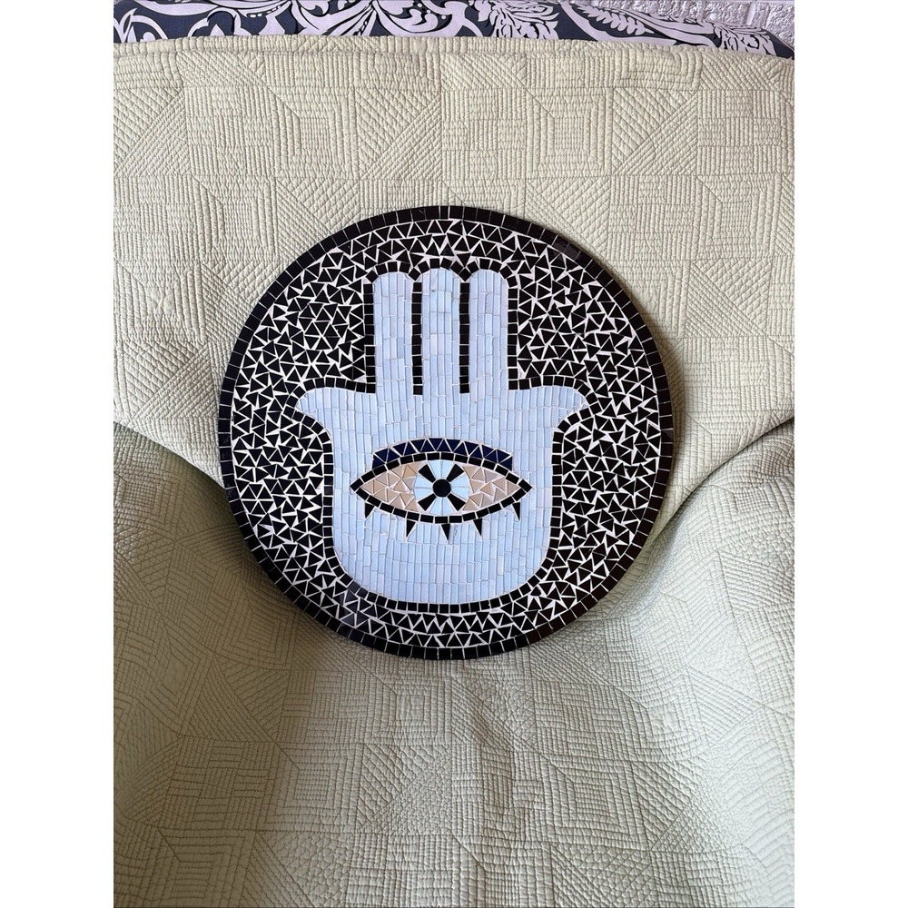 Hamsa Hand Mosaic Wall Hanging Art Evil Eye Boho Decor Glass Tile Round 17 7/8"